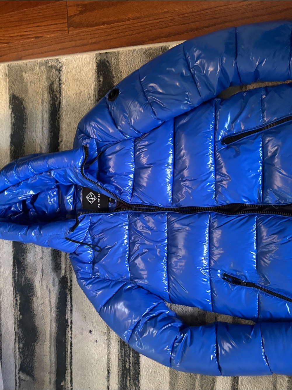 Point Zero Woman’s Shiny Royal Blue Puffer Jacket with Hood